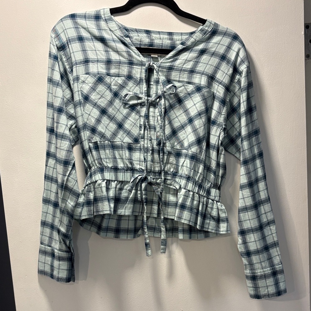 NWOT LOFT Blue Plaid Blouse with Tie Front